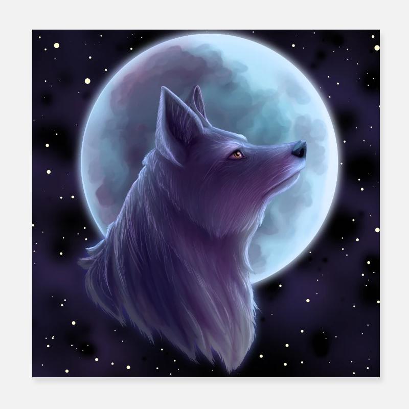 Loup devant la lune | Argent Poster 20 x 20 cm