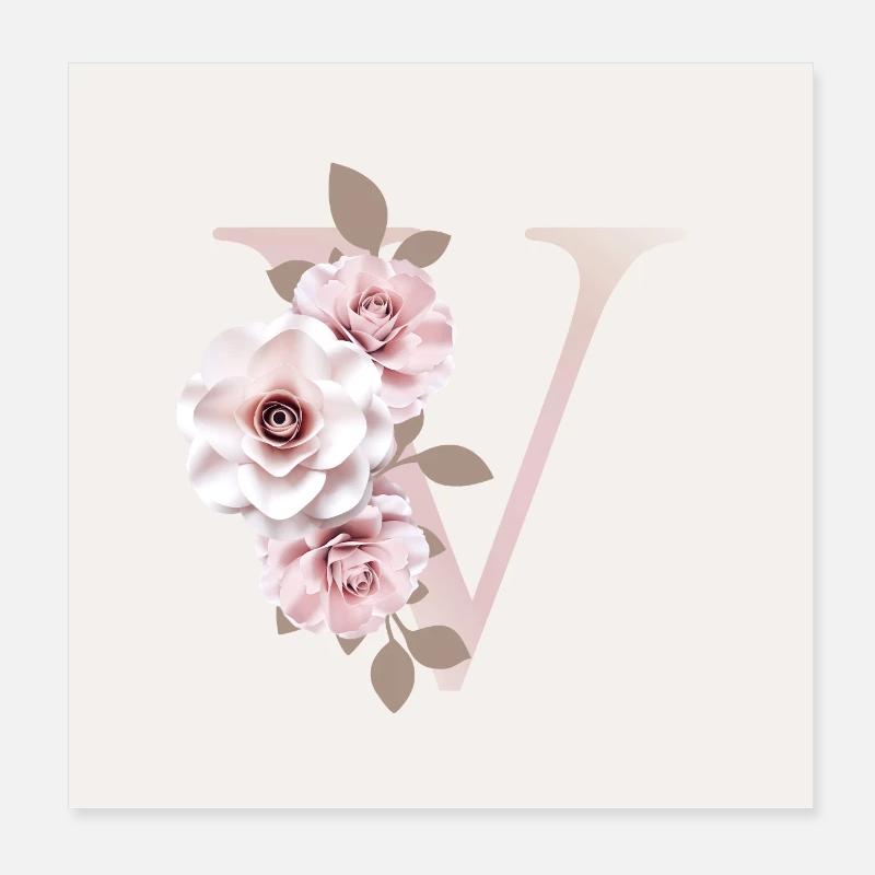 Affiche V lettre avec effet fleurs 3D - Poster 20 x 20 cm - blanc