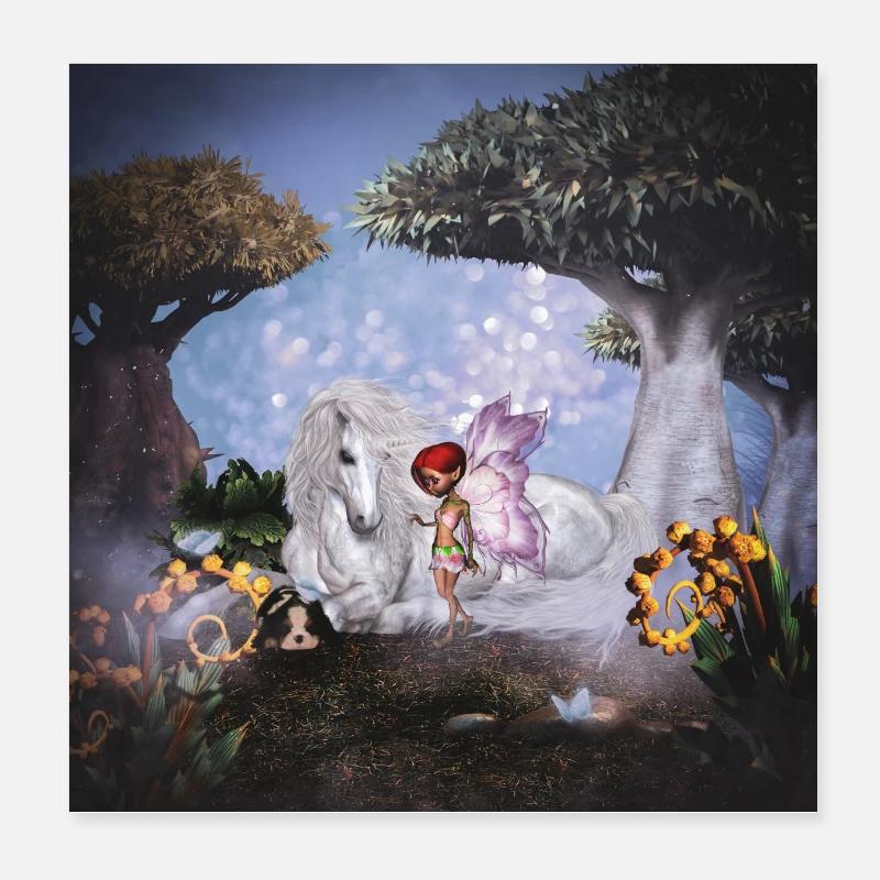 Wunderbares Einhorn mit Fee Poster 20x20 cm