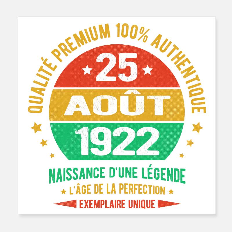 MILLÉSIME 25 AOÛT 1922 CADEAU D'ANNIVERSAIRE Poster 20 x 20 cm