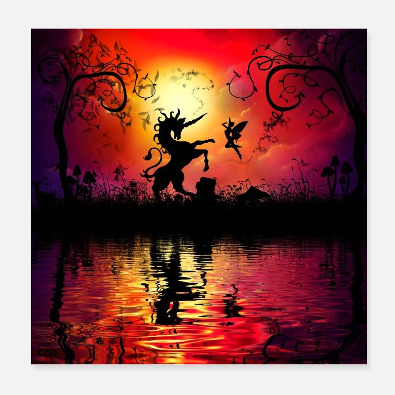 Unicorn with fairy at sunset. Poster 8" x 8" (20x20 cm)