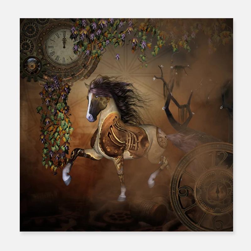Beau cheval steampunk avec cape et engrenages Poster 20 x 20 cm
