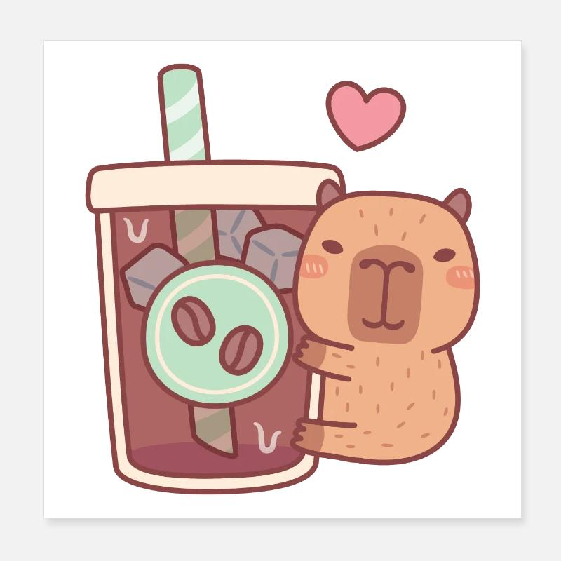Cute Capybara Loves Iced Coffee Poster 8" x 8" (20x20 cm)