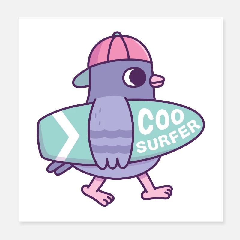 Pigeon mignon avec planche de surf Coo Surfer Drôle Poster 20 x 20 cm