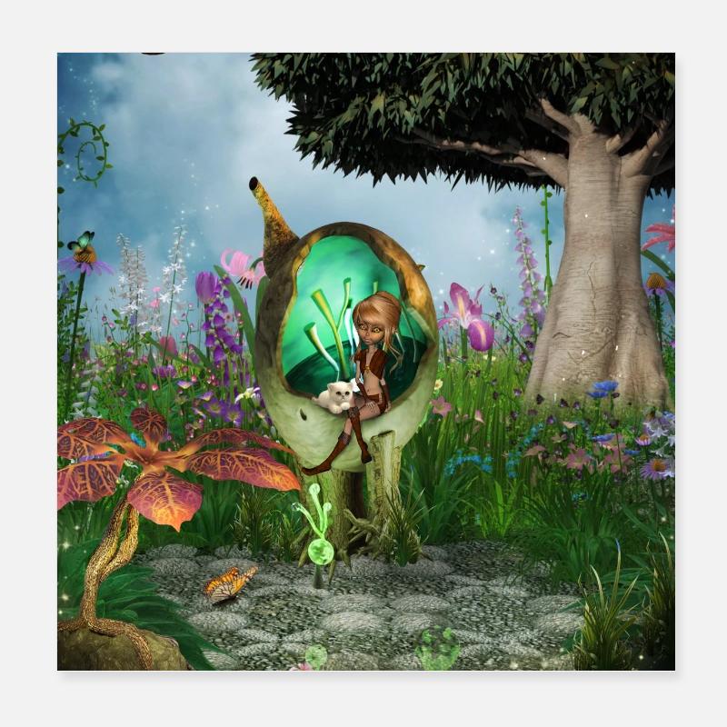 Kleine Fee mit ihrer Katze Poster 20x20 cm