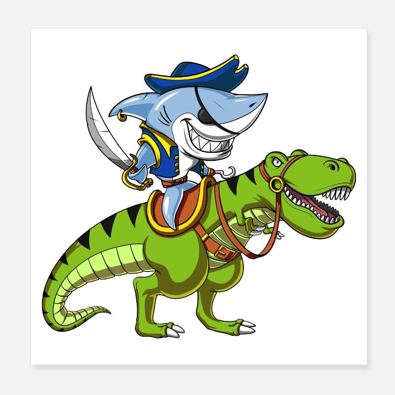 Shark Pirate Riding T-Rex Dinosaur Poster 8" x 8" (20x20 cm)