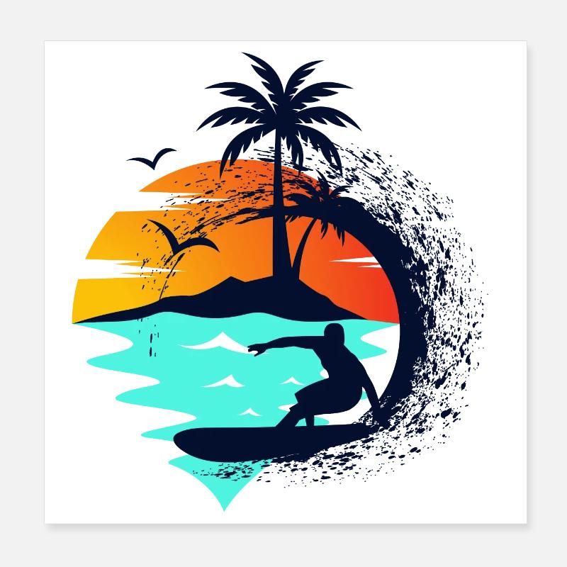 Surf, Vagues, coucher du soleil. Poster 20 x 20 cm
