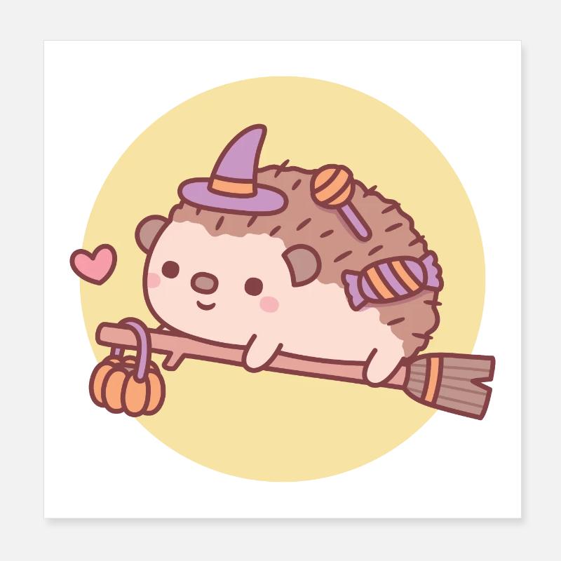 Mignon hérisson sorcière sur balai volant Halloween Poster 20 x 20 cm