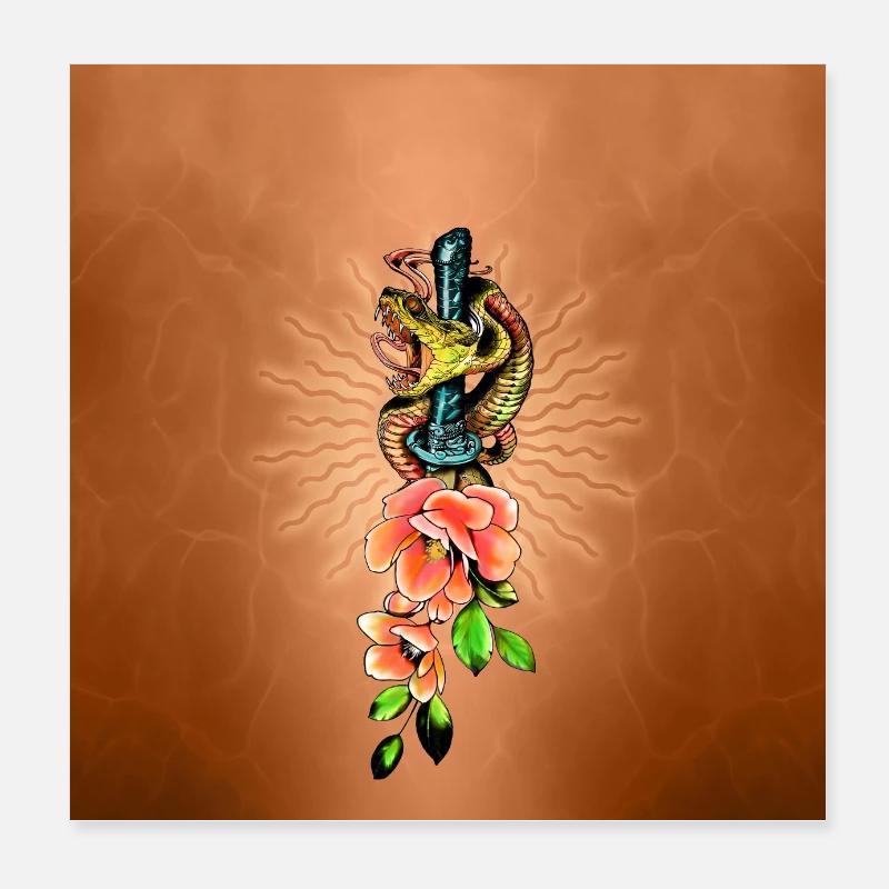 Superbe serpent avec des fleurs. Poster 20 x 20 cm