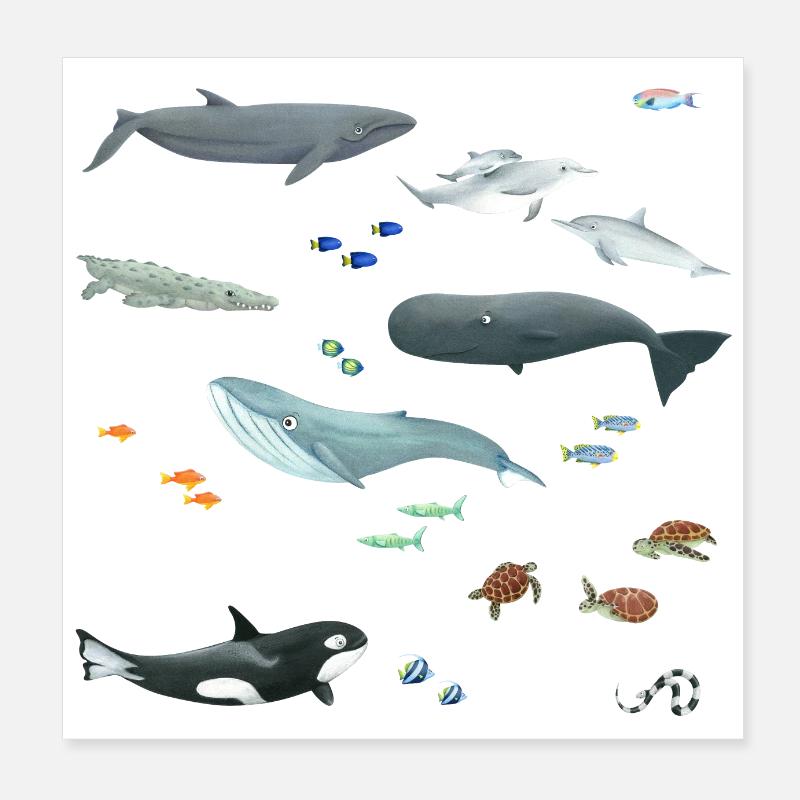 Pattern with whales and fish / Underwater world Poster 8" x 8" (20x20 cm)