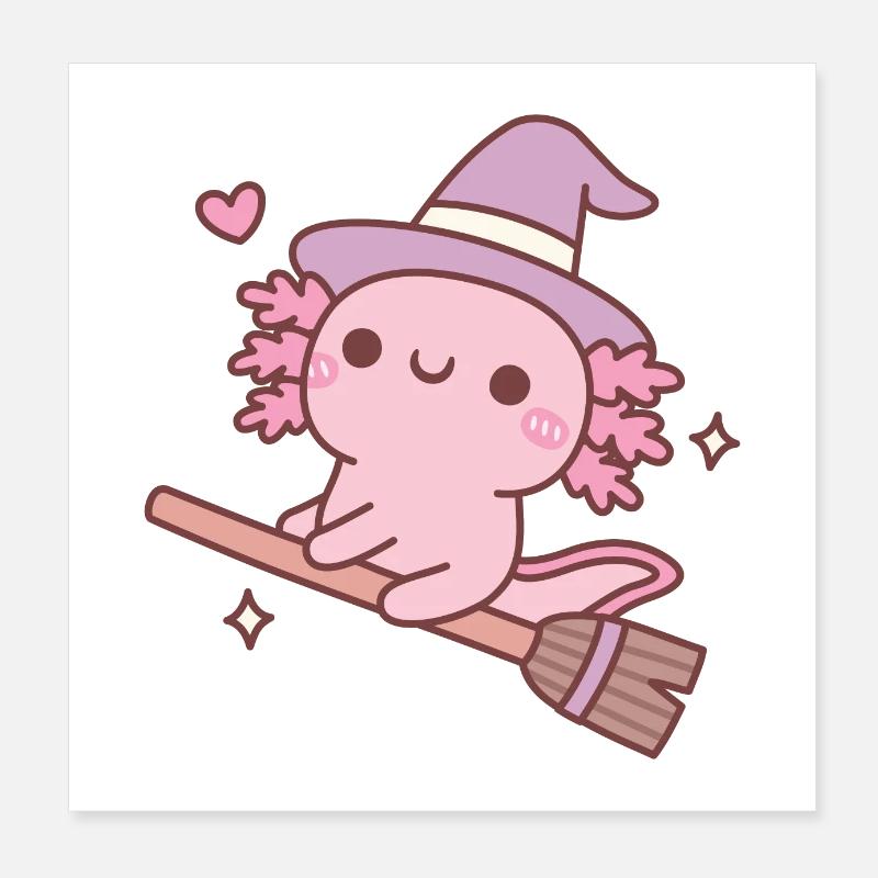Mignonne sorcière Axolotl sur balai volant Poster 20 x 20 cm