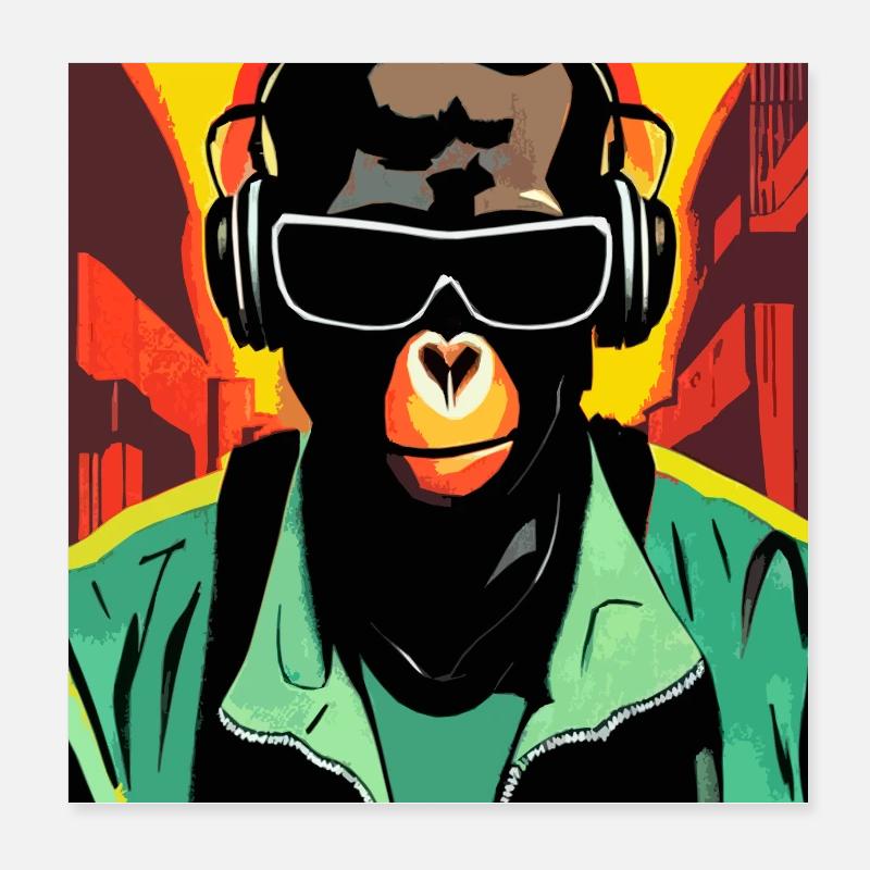 Affe hört Musik mit Kopfhörern Poster 20x20 cm