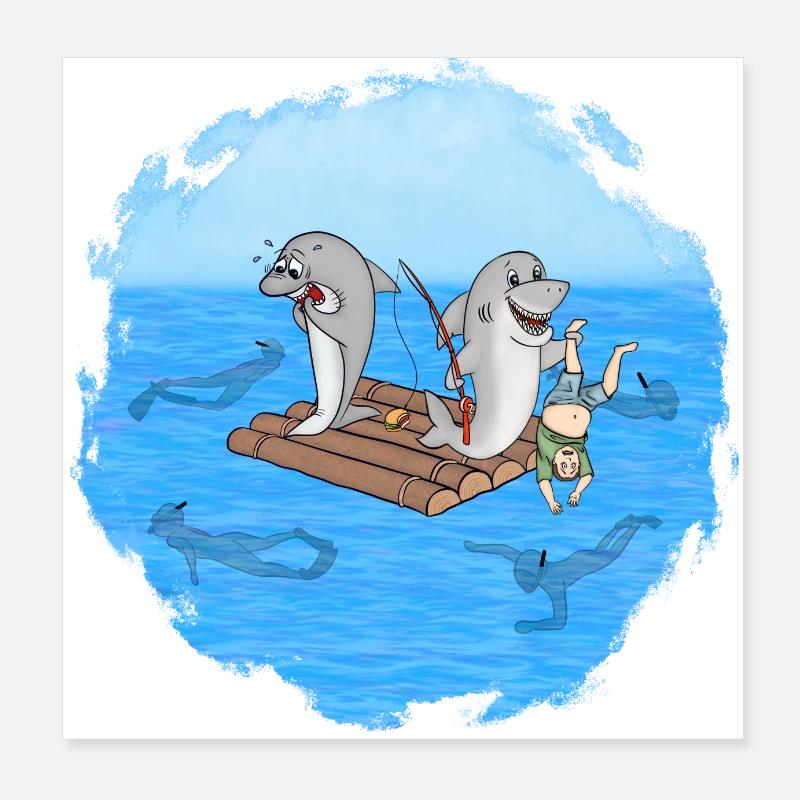 Requins sur radeau Poster 20 x 20 cm