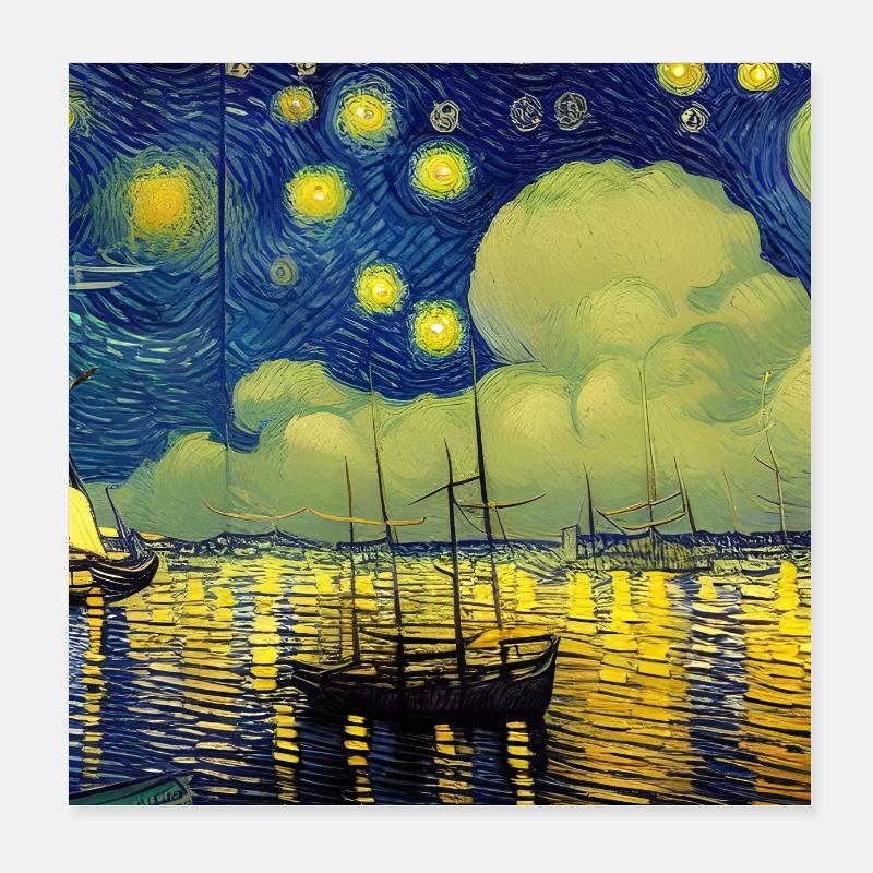 A Harbour Under The Starry Night - Poster 8" x 8" (20x20 cm) - white