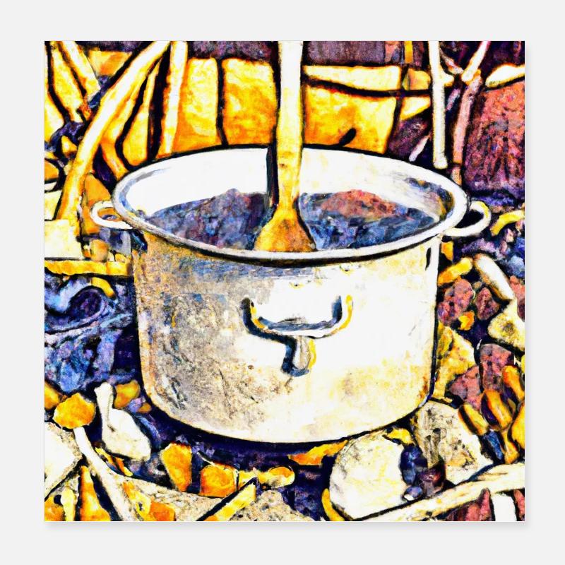 Küchenkunst - großer Topf auf einer Feuerstelle Poster 20x20 cm
