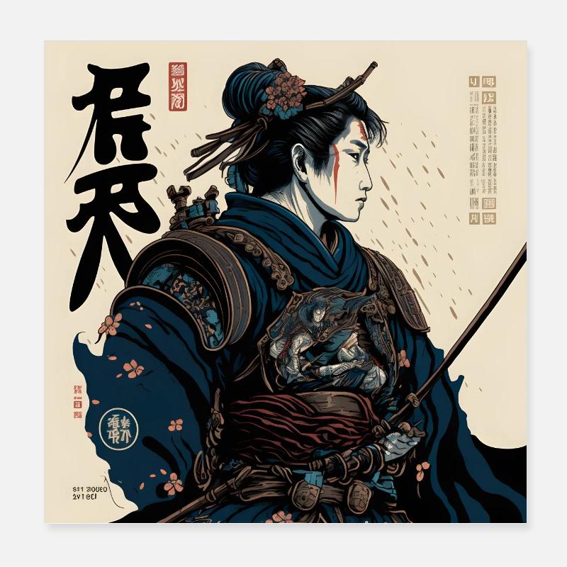 Ukiyo Japanese warrior Ukizo-e style - Poster 8" x 8" (20x20 cm) - white
