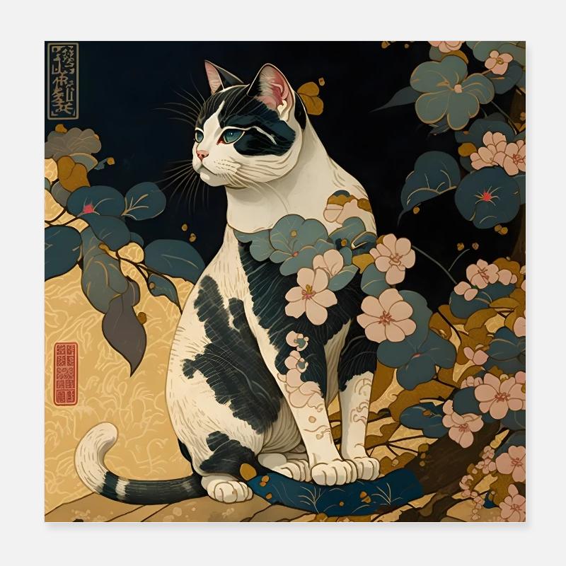 Ukiyo Landschaft mit Katze Ukiyo-e Poster 20x20 cm