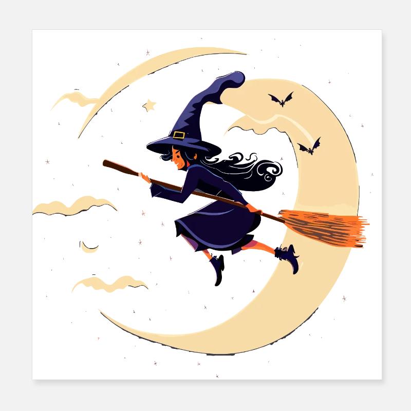 A witch flying on her broom through the night Poster 8" x 8" (20x20 cm)
