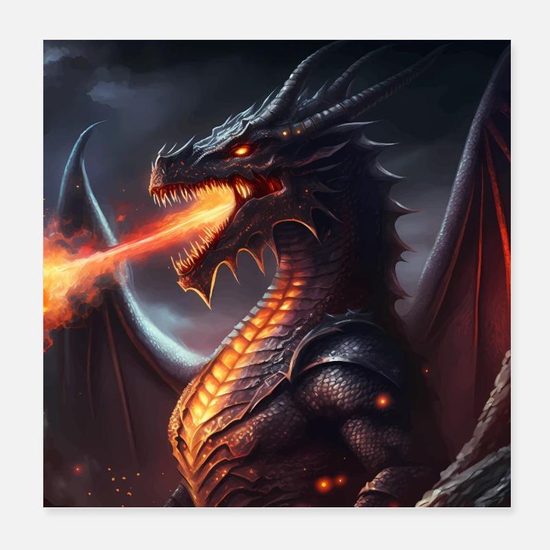 Dark Fantasy Fire-breathing Dragon Version 2 - Poster 8" x 8" (20x20 cm) - white