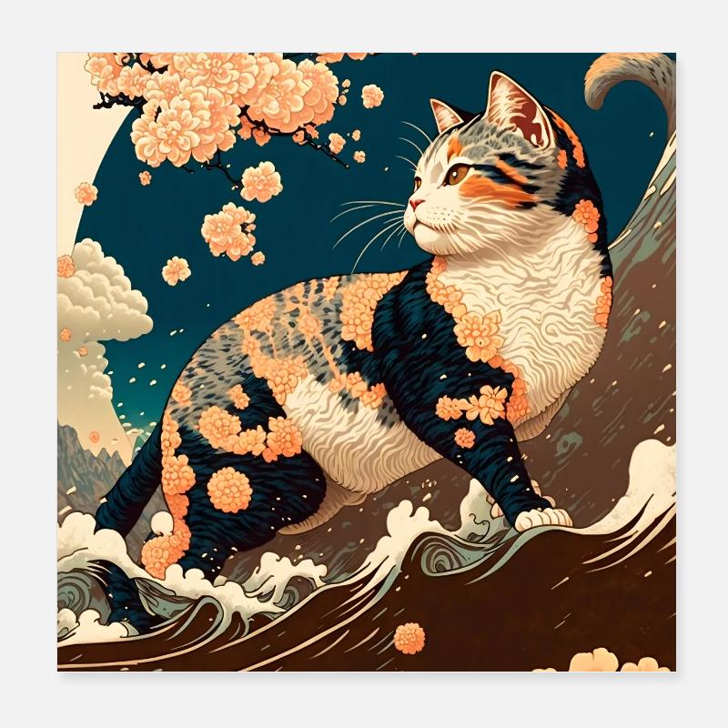 Ukiyo Strand Landschaft mit Katze Poster 20x20 cm