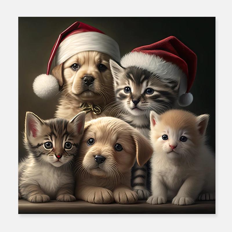 Chats et chiots de Noël Poster 20 x 20 cm