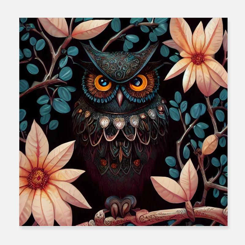 Owl observed at night in a flower tree Poster 8" x 8" (20x20 cm)