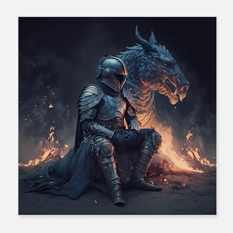 Ritter sitzt am Feuer mit seinem Drachen - Poster 20x20 cm - Weiß