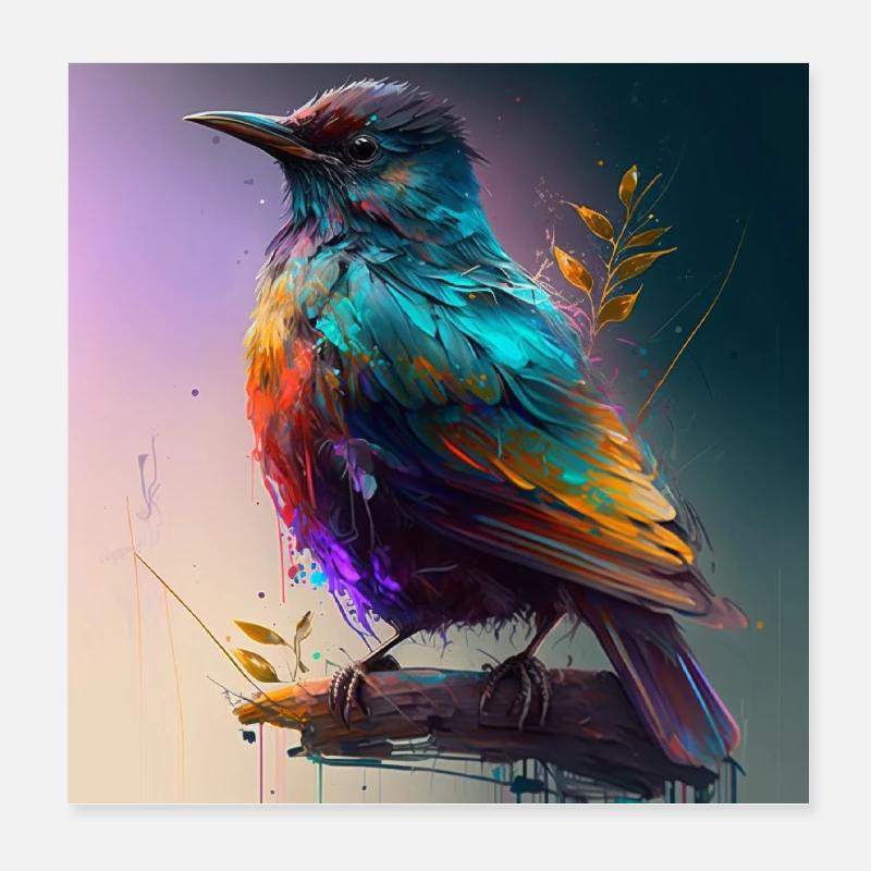 Farbenfroher Vogel auf Ast als Ölbild - Poster 20x20 cm - Weiß
