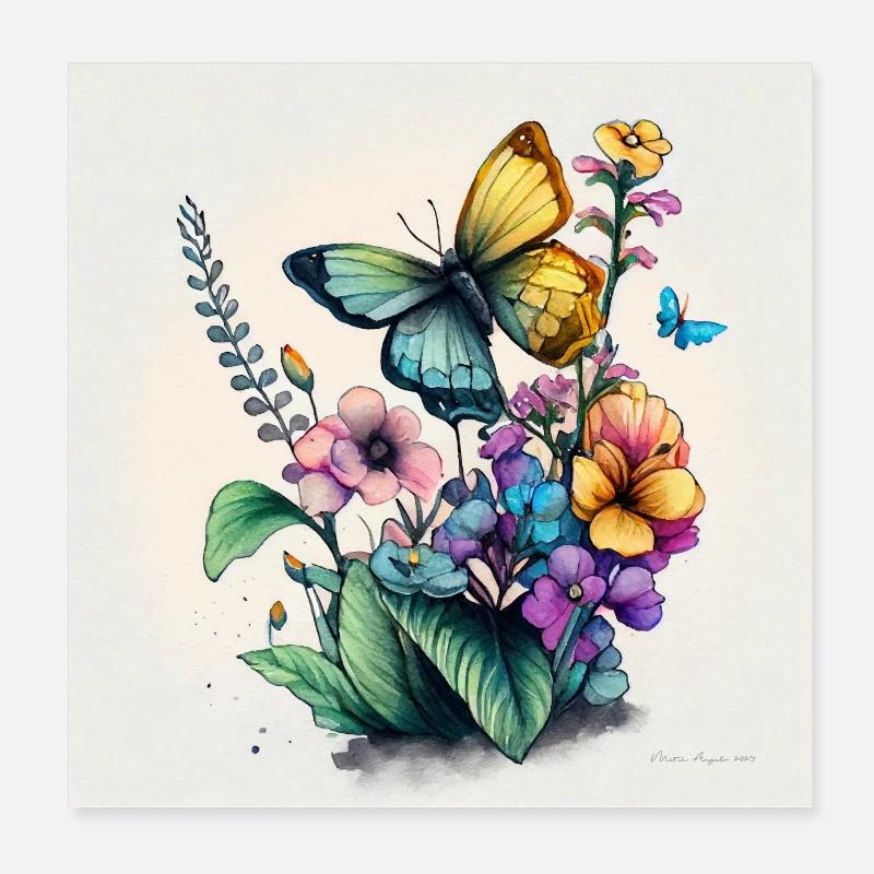Papillon et Fleurs -6- Aquarelle - Poster 20 x 20 cm - blanc
