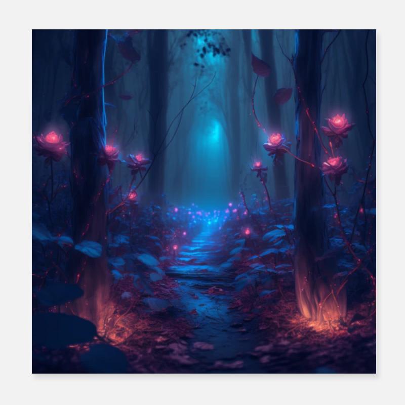 Forêt enchantée imaginative la nuit Poster 20 x 20 cm