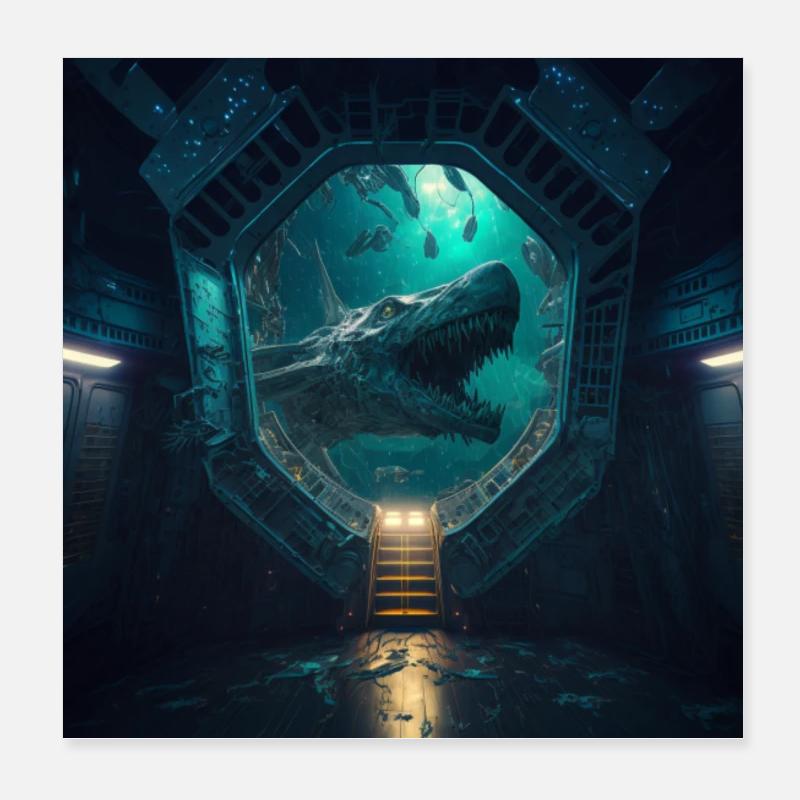 Vaisseau spatial d’horreur avec requin - Poster 20 x 20 cm - blanc