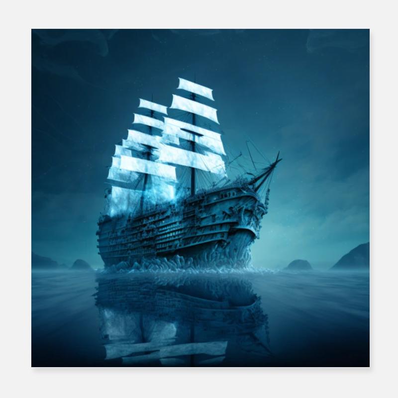 Creepy ghost ship at night - Poster 8" x 8" (20x20 cm) - white
