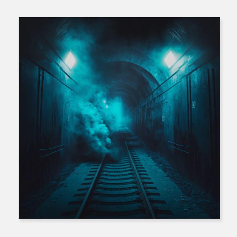 Epic subway tunnel with blue smoke - Poster 8" x 8" (20x20 cm) - white