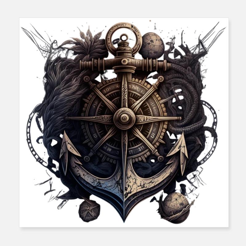 schönes maritimes Motiv eines Ankers mit Kompass Poster 20x20 cm