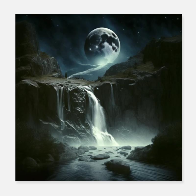 Fantasy world with moon waterfall Poster 8" x 8" (20x20 cm)