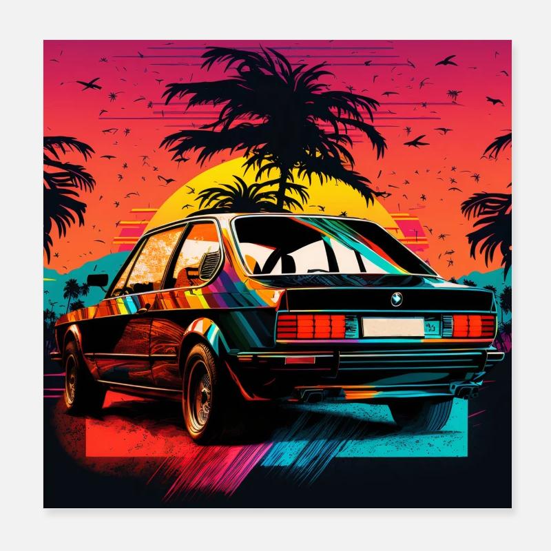 Retro Car Sunset Vector Design Poster 8" x 8" (20x20 cm)