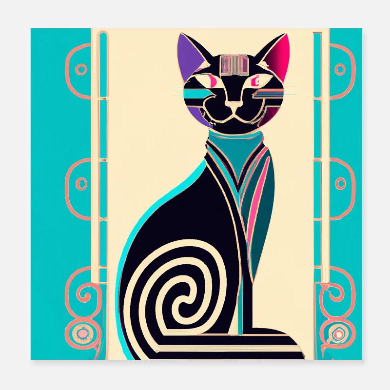 Neon Spiral Cat Art Deco Poster 8" x 8" (20x20 cm)