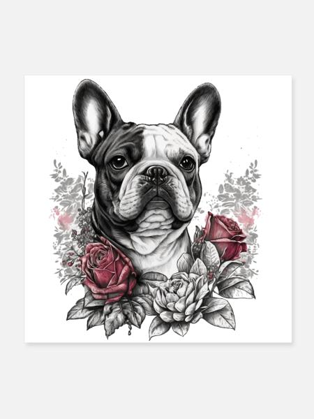 French Bulldog with red roses - Poster 8" x 8" (20x20 cm) - white - Front