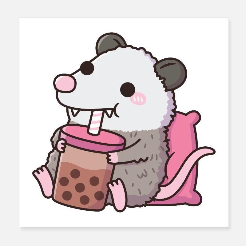 Cute Opossum Drinking Boba Tea Poster 8" x 8" (20x20 cm)