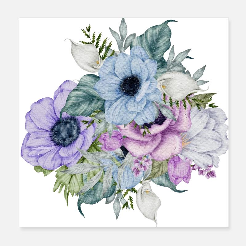 Blaue Aquarellblumen Poster 20x20 cm