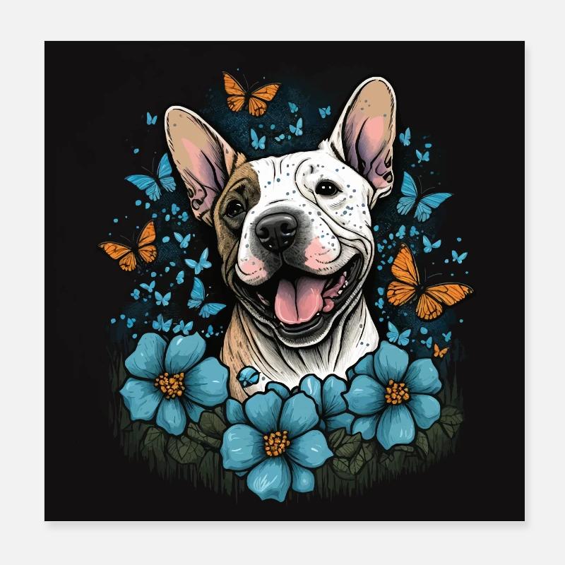 Joyeux Bull Terrier avec des fleurs Poster 20 x 20 cm