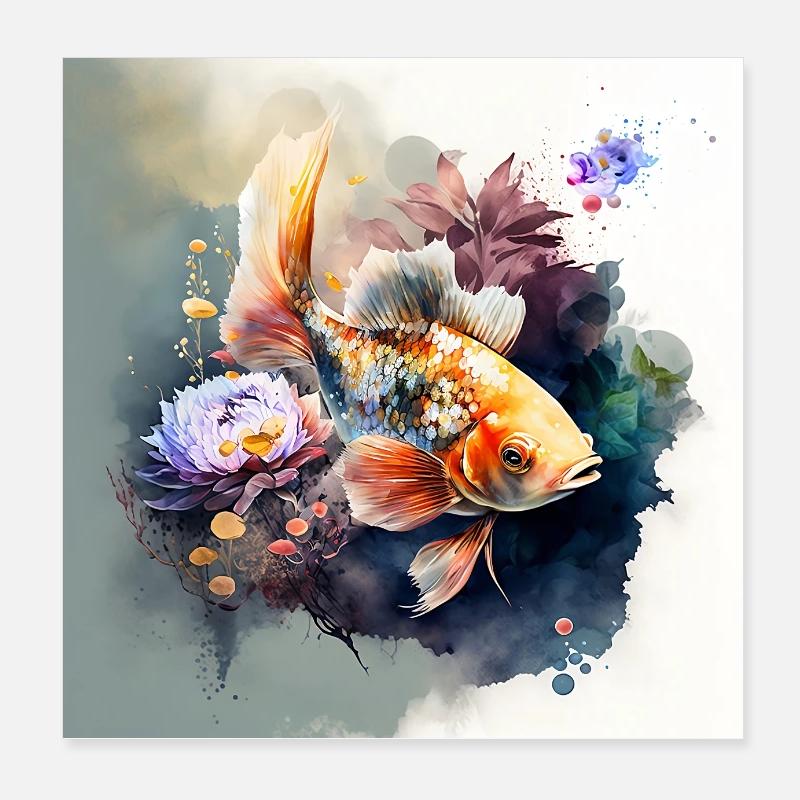 Koi Karpfen Floral Design Poster 20x20 cm