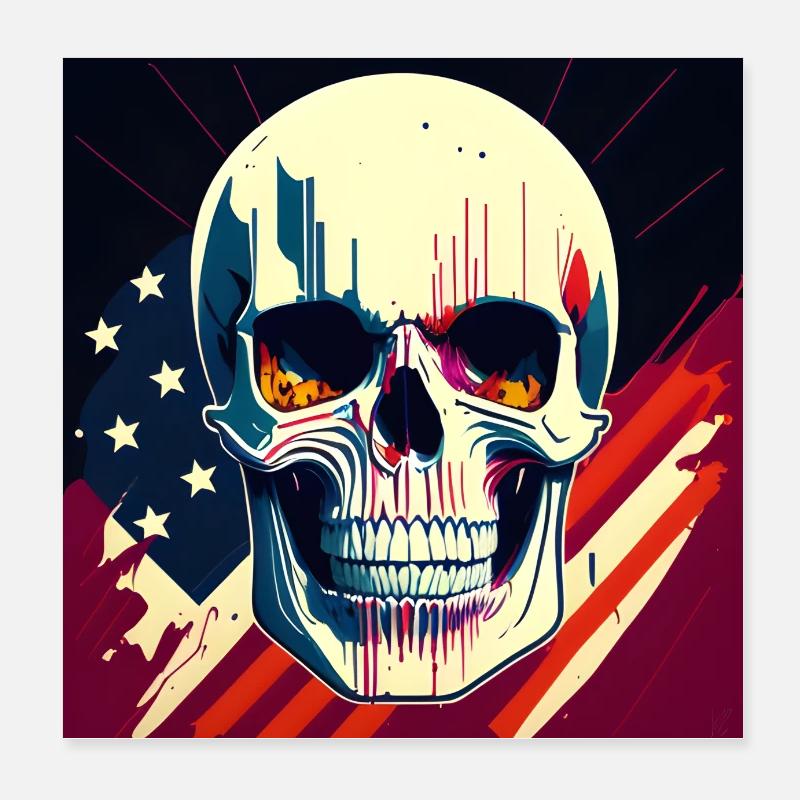 Crâne réaliste 3D drapeau américain Poster 20 x 20 cm