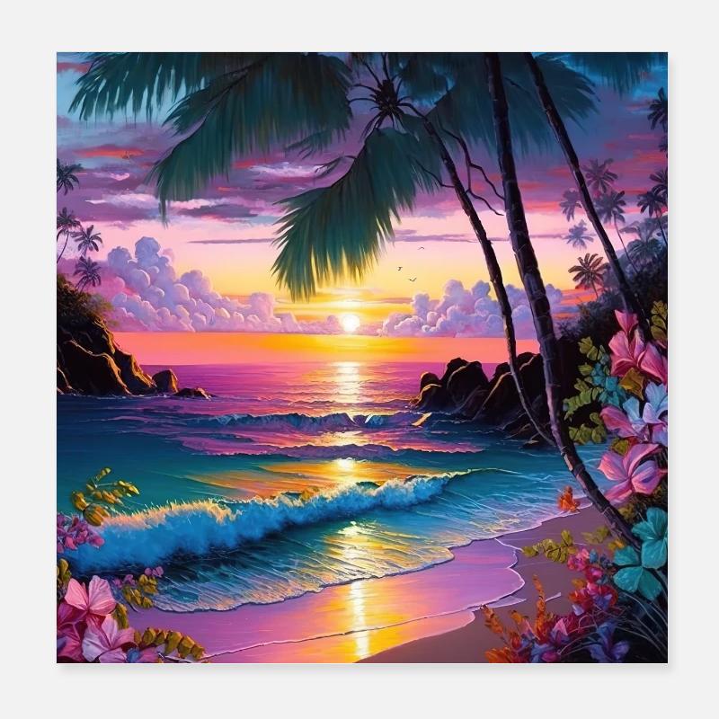 Colorful Tropical Island Beach Sunset Design 2 - Poster 20 x 20 cm - blanc