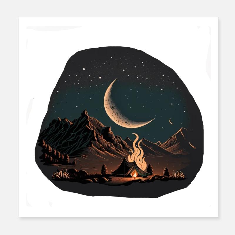 Tente au clair de lune avec feu de camp, pour les campeurs Poster 20 x 20 cm