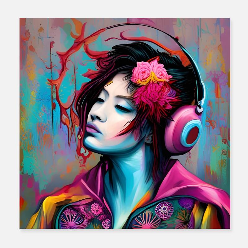 Neon portrait with headphones Poster 8" x 8" (20x20 cm)