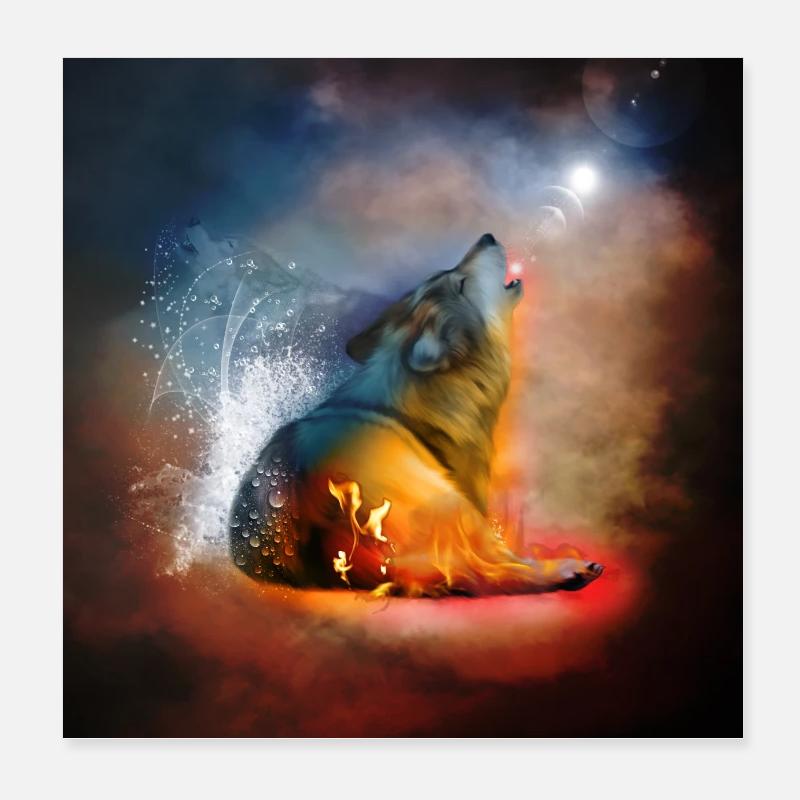 La majesté des loups avec le feu et l’eau Poster 20 x 20 cm