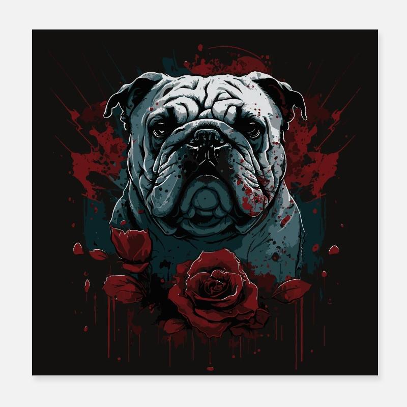 Bouledogue anglais aux roses rouges Poster 20 x 20 cm