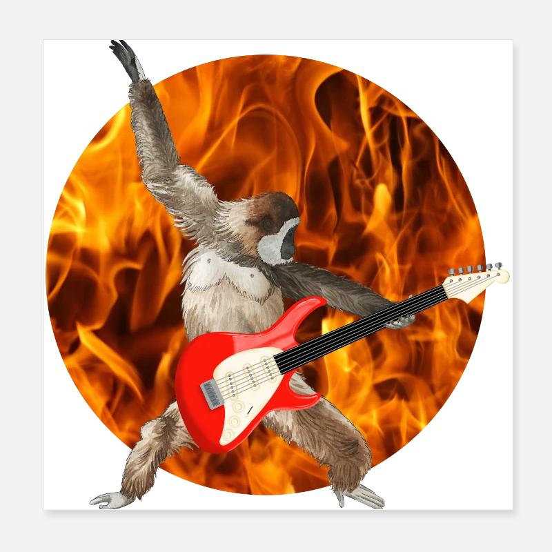 Monkey Whitebeard Gibbon Electric Guitar Fire Lets Rock Poster 8" x 8" (20x20 cm)