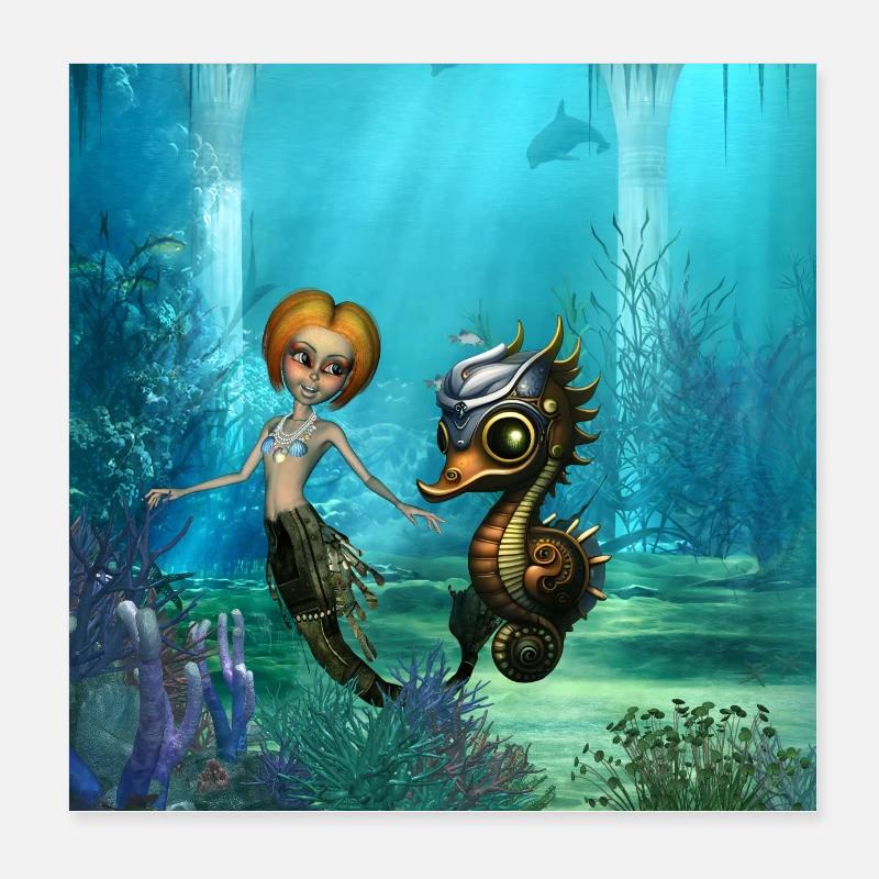 L’amitié de la sirène steampunk et du cheval Poster 20 x 20 cm